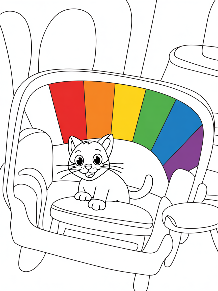Rainbow room with cat - Free Coloring Page
