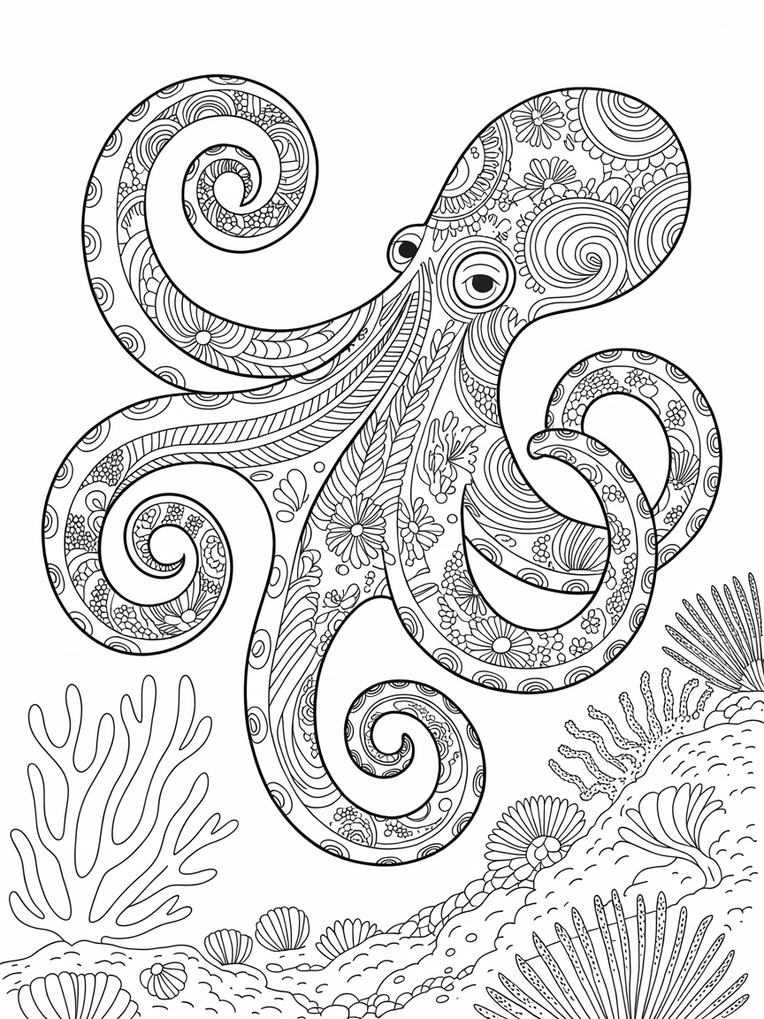 Kalamkari art octopus - Free Coloring Page