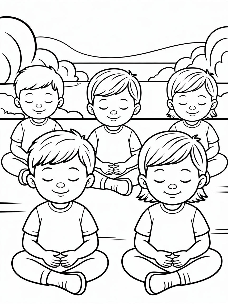 Early morning Kids meditating - Free Coloring Page