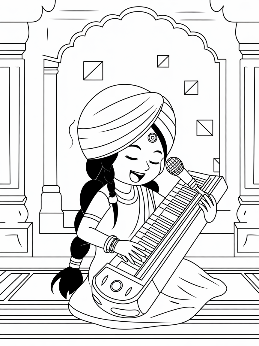 A sikh anime girl doing kirtan - Free Coloring Page