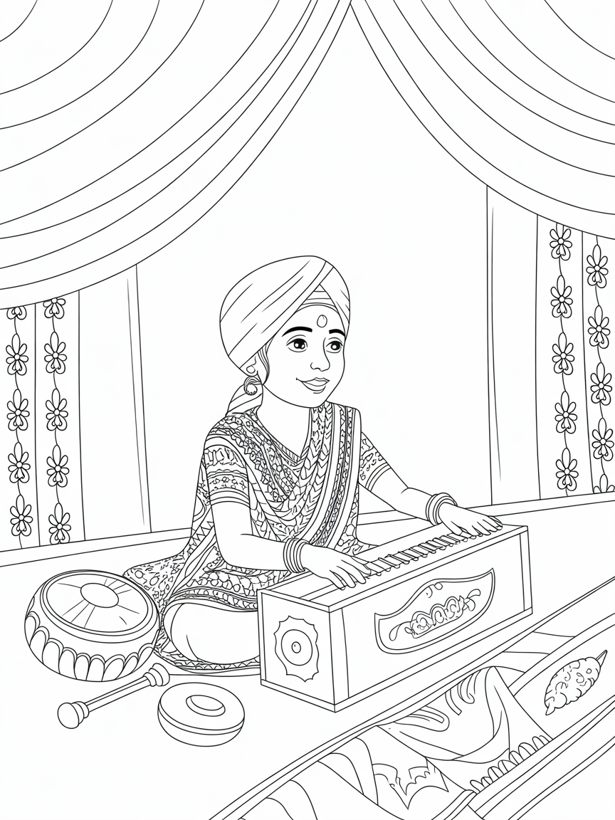 Sikh girl kirtan - Free Coloring Page