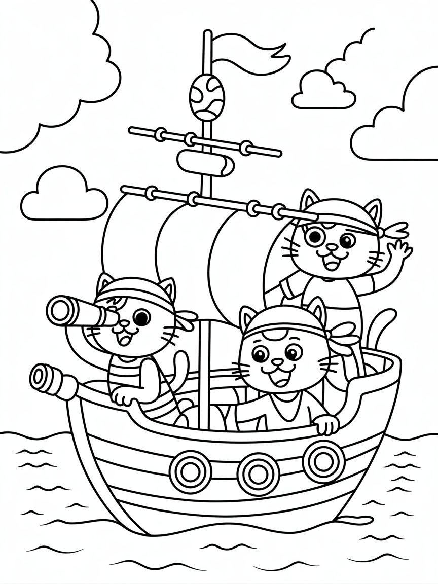 Pirate cats sailing a candy ship - Free Coloring Page