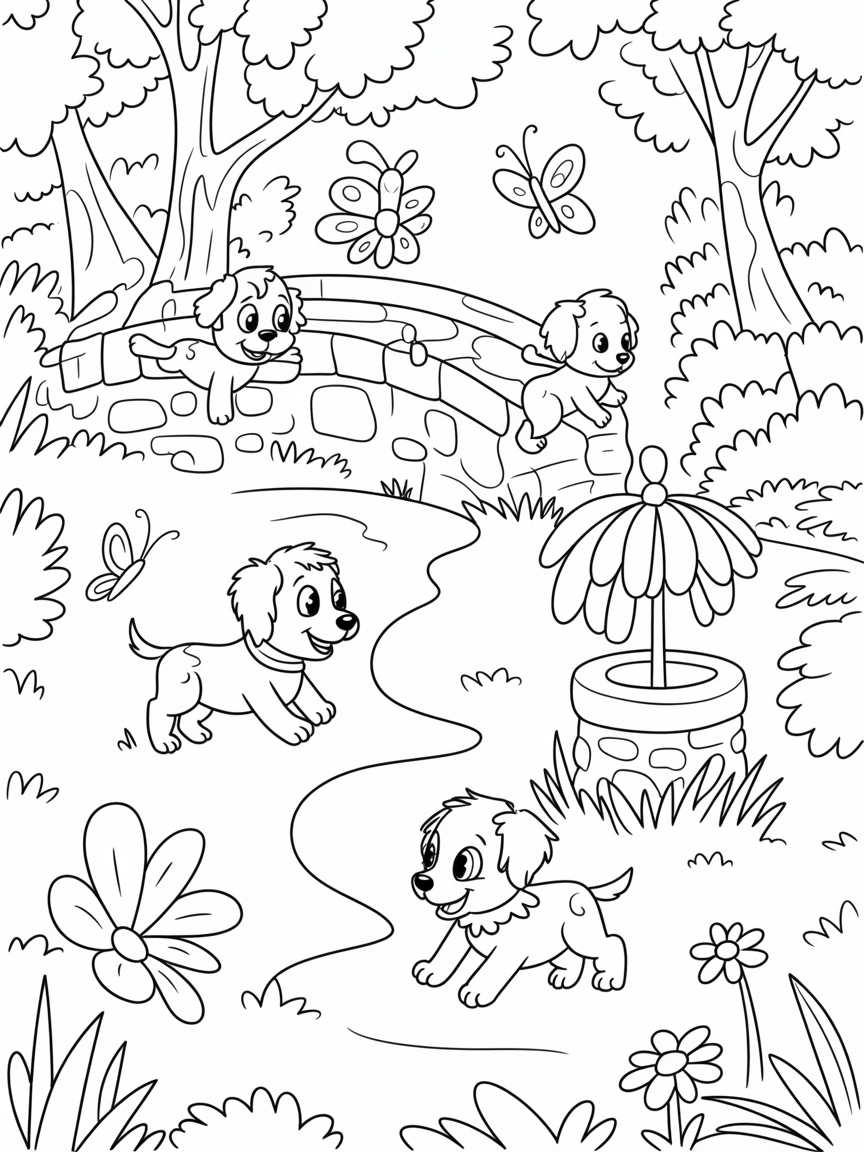 Butterflies & puppies playing in a forest of flowers & trees near a stone bridge & a wishing well - Free Coloring Page