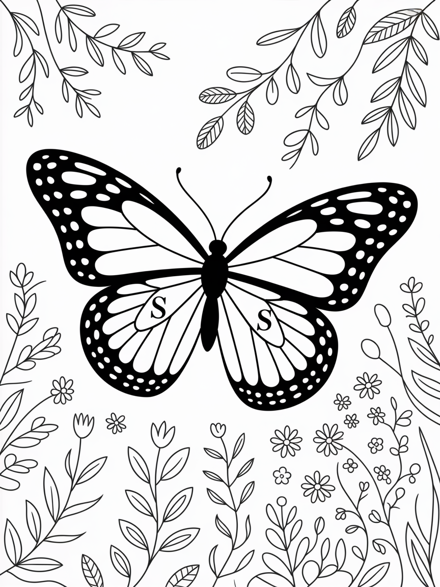 A butterfly with a hidden letter s in its wings - Free Coloring Page