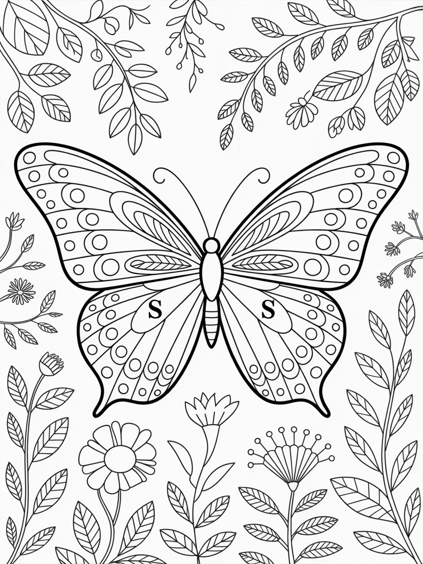 A butterfly with detailed wings hiding a letter S - Free Coloring Page