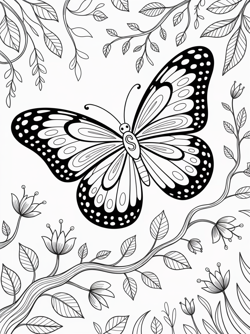 A butterfly with detailed swirly wings hiding a letter S - Free Coloring Page