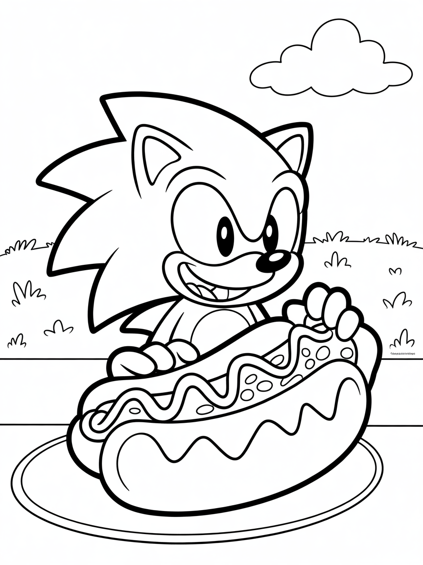 Sonic the hedgehog eating a chili dog - Free Coloring Page