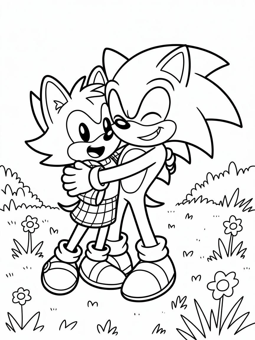 Sonic the hedgehog hugging female mobian coyote - Free Coloring Page