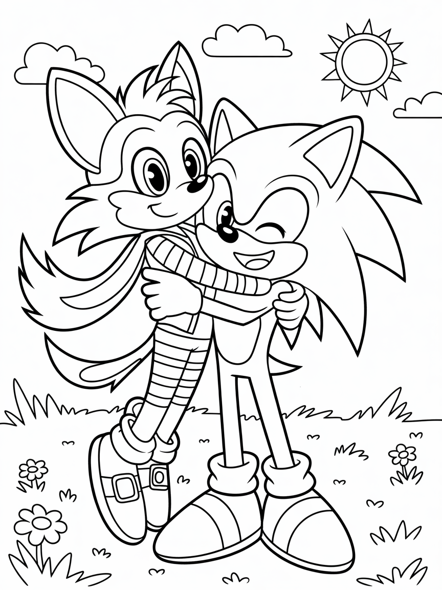 Sonic the hedgehog hugging female mobian coyote with long hair - Free Coloring Page
