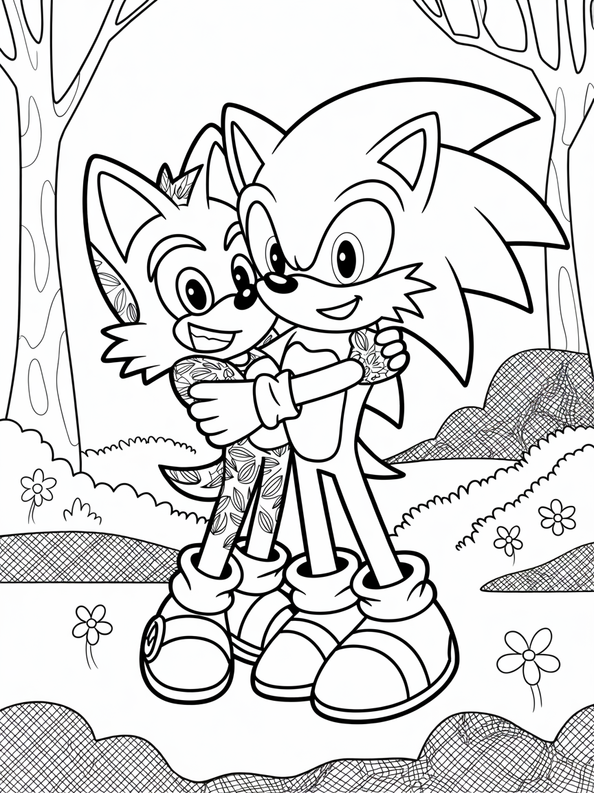 Sonic the hedgehog hugging girl mobian coyote - Free Coloring Page