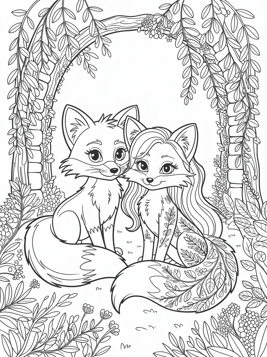 Tails the fox with girl fox with eyelashes & long hair - Free Coloring Page