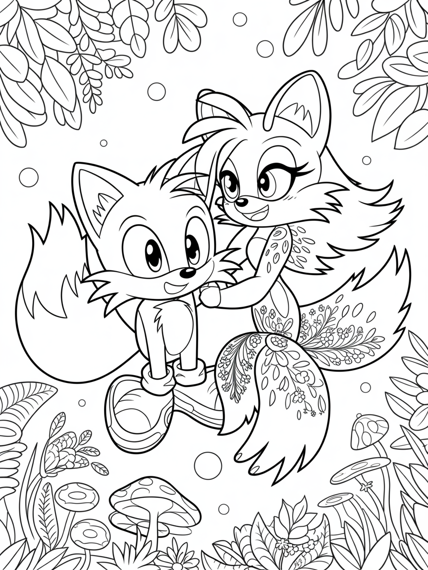 Sonic Tails the fox with girl fox with eyelashes & long hair - Free Coloring Page