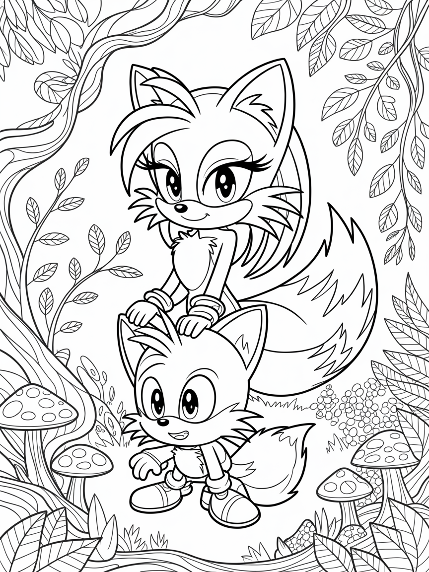 Sonic Tails the fox older with girl fox with eyelashes & long hair - Free Coloring Page
