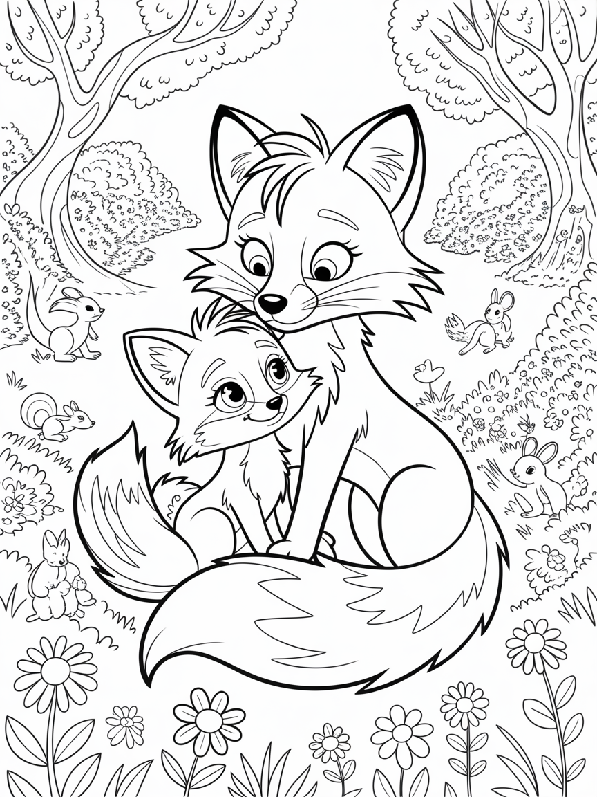 Tails the fox with young female fox with eyelashes & long hair - Free Coloring Page