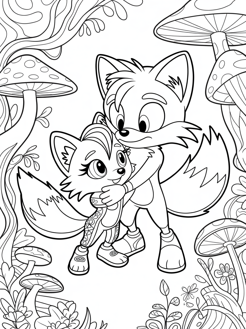 Sonic Tails the fox with young female fox with eyelashes & long hair - Free Coloring Page