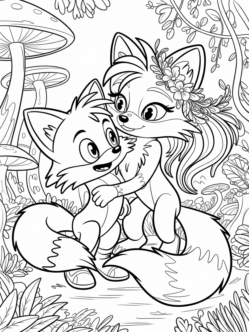 Sonic Tails the fox with teen female fox with eyelashes & long hair - Free Coloring Page
