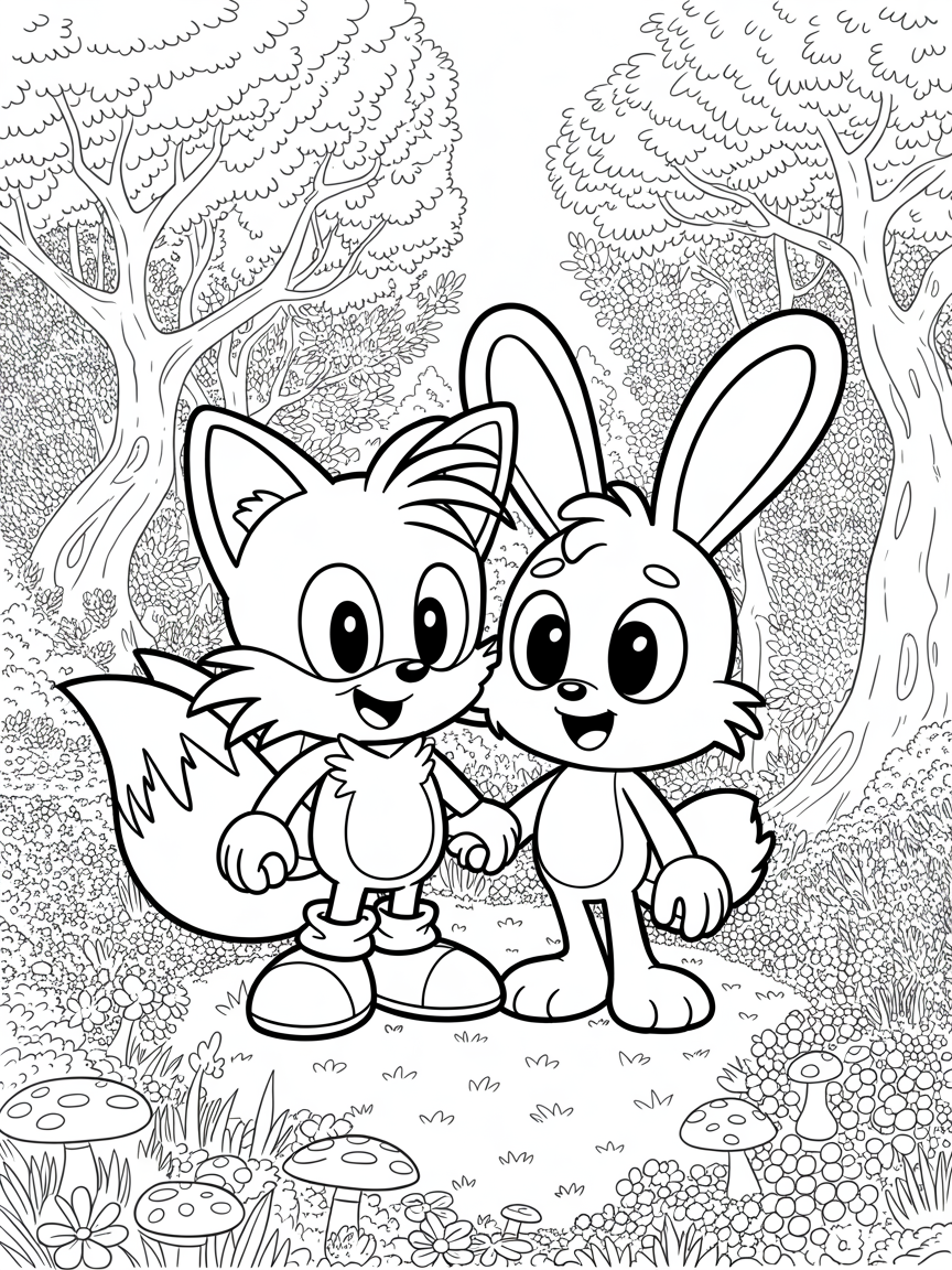 Tails the fox sonic with girl bunny - Free Coloring Page