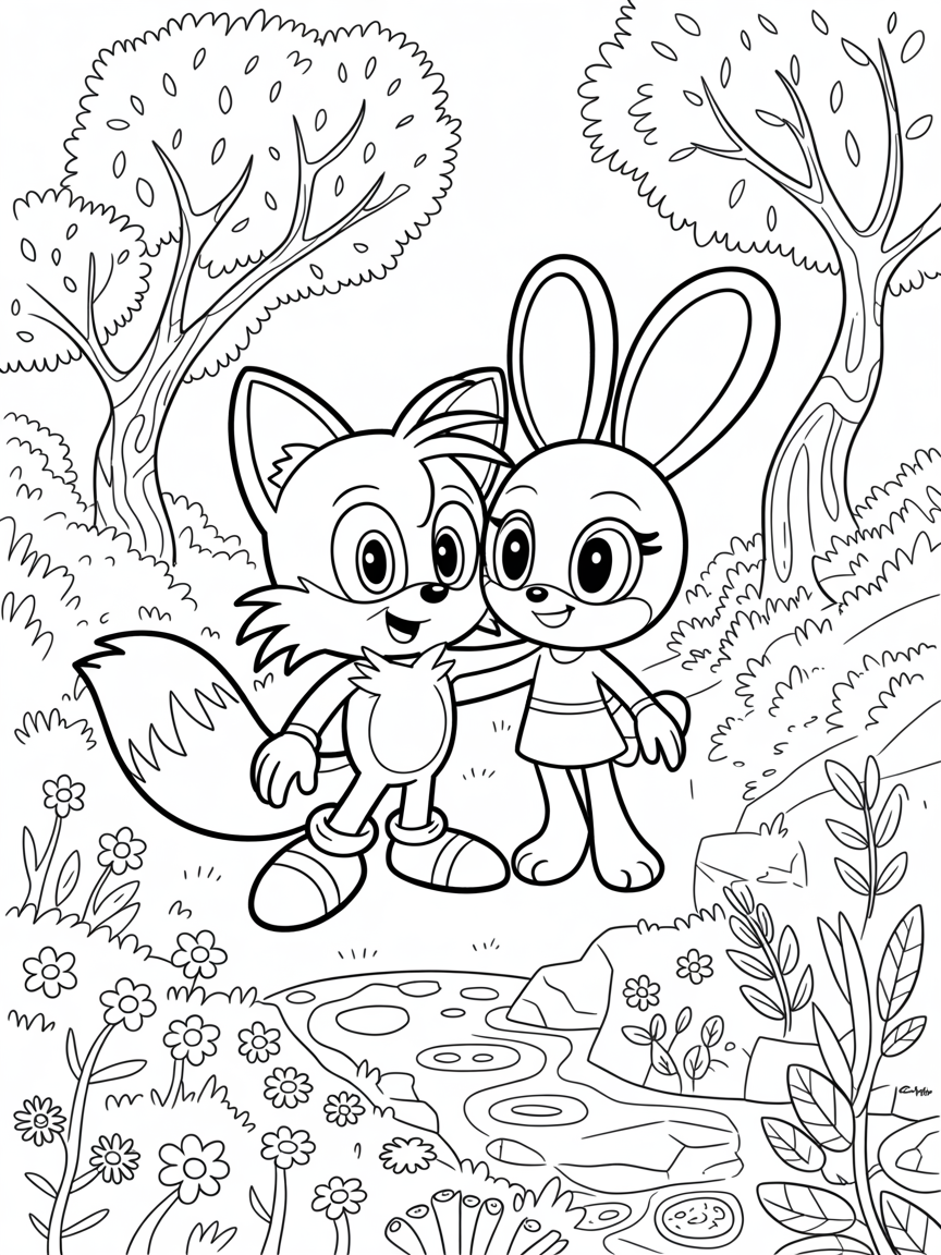 Tails the fox sonic with girl bunny with eyelashes - Free Coloring Page