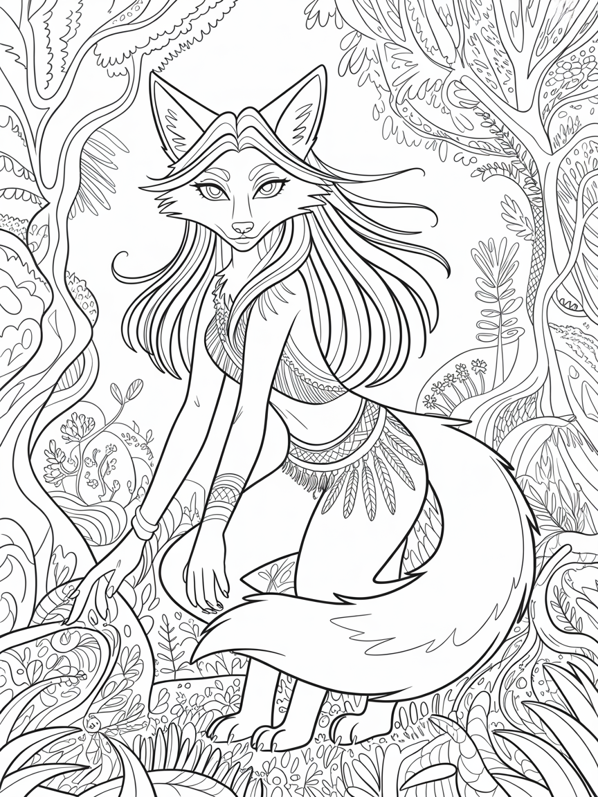 Saffron the female humanoid coyote with eyelashes and long hair - Free Coloring Page