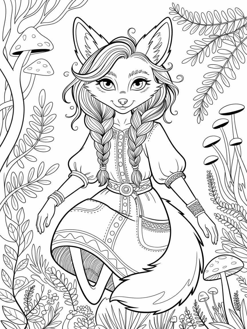 Saffron the girl humanoid coyote with eyelashes and long hair wearing clothes - Free Coloring Page