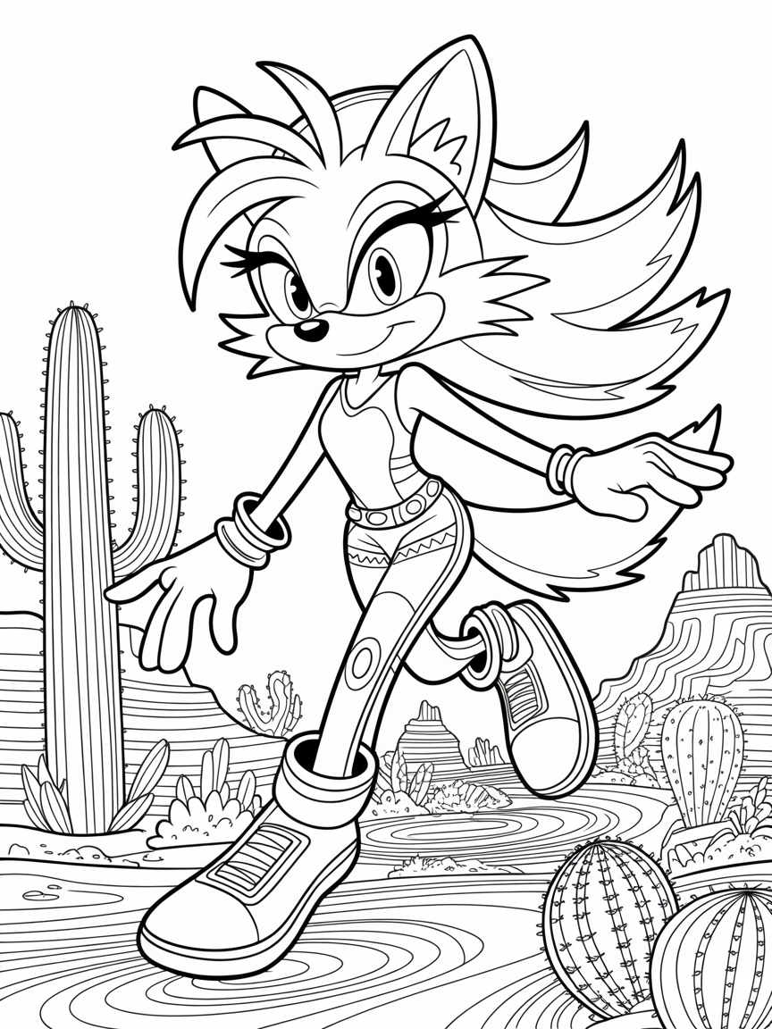 Saffron the girl sonic like styled coyote with eyelashes and long coyote hair wearing clothes - Free Coloring Page