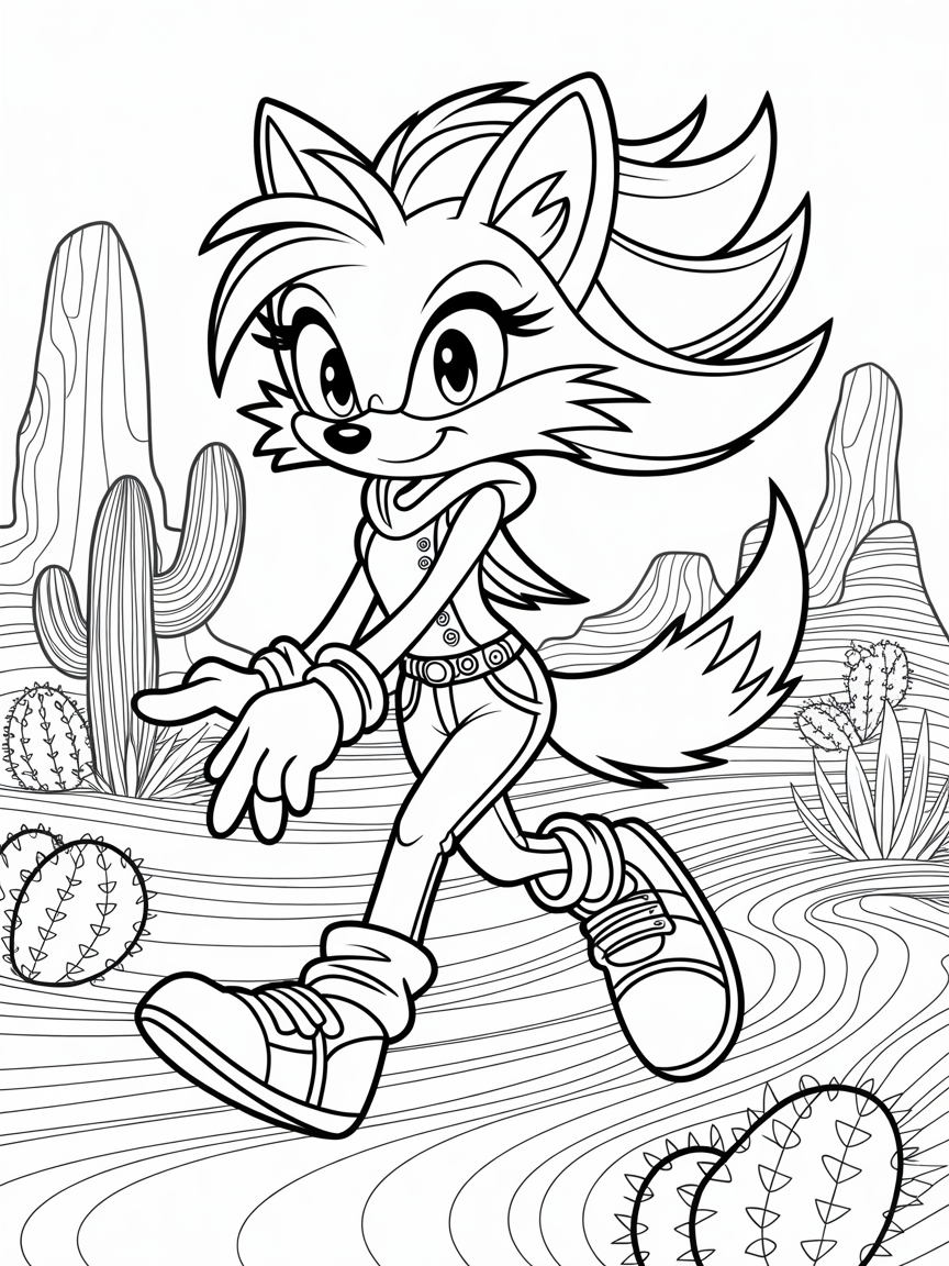 Cute Saffron the girl sonic like styled coyote with eyelashes and long coyote hair wearing clothes - Free Coloring Page