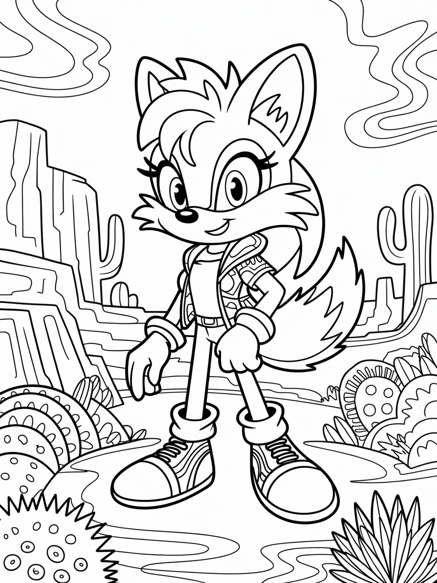 Saffron the adorable girl sonic like styled coyote with eyelashes and long coyote hair wearing clothes - Free Coloring Page