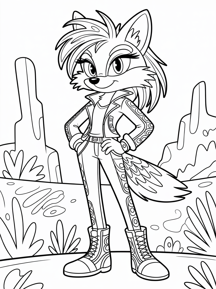 Saffron the female sonic like styled coyote with eyelashes and long coyote hair wearing clothes - Free Coloring Page