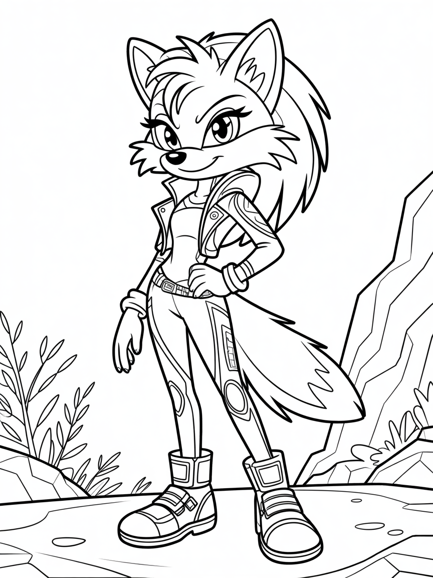 female sonic like styled coyote with eyelashes and long coyote hair wearing clothes - Free Coloring Page