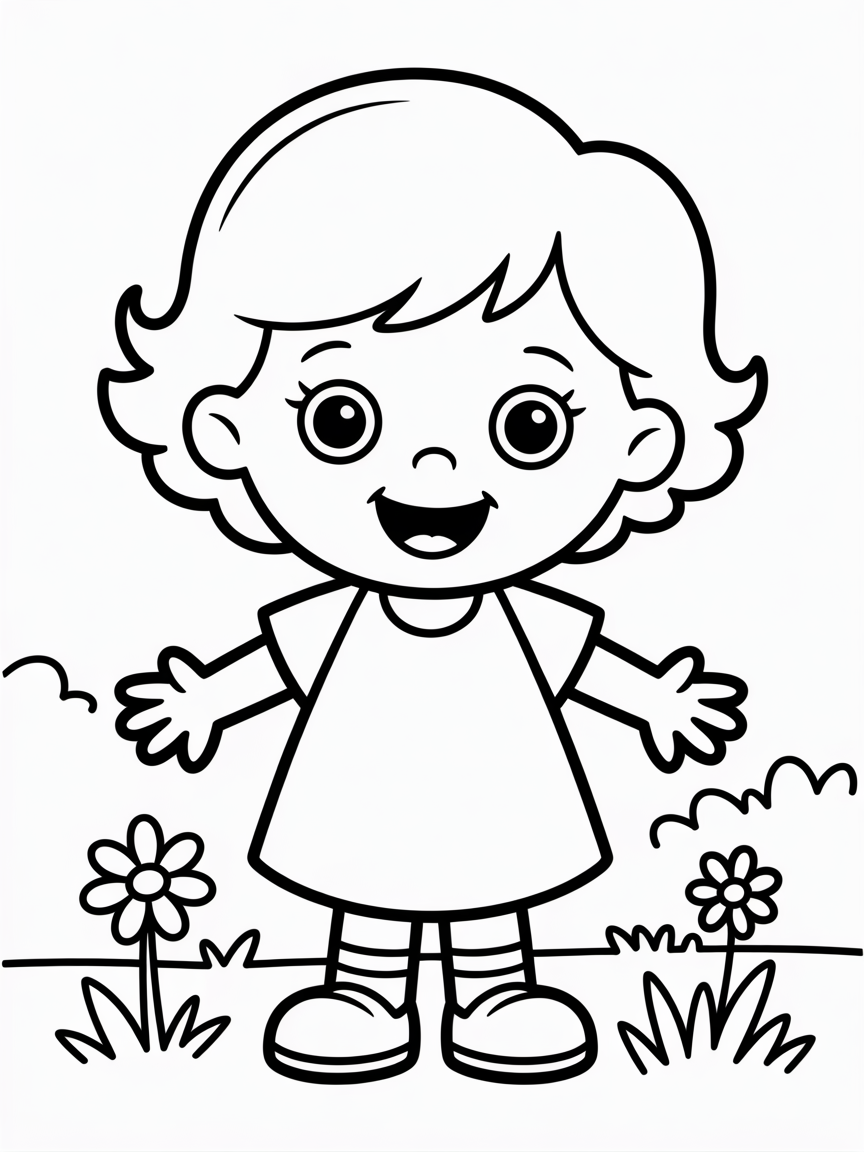 Short girl with brown curly hair - Free Coloring Page