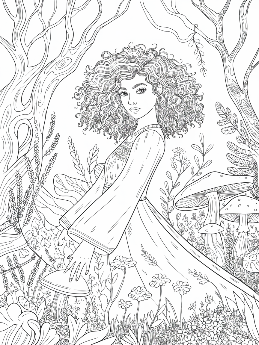 Short girl with curly hair - Free Coloring Page