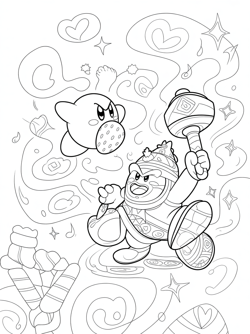 Kirby and king deedeedee - Free Coloring Page