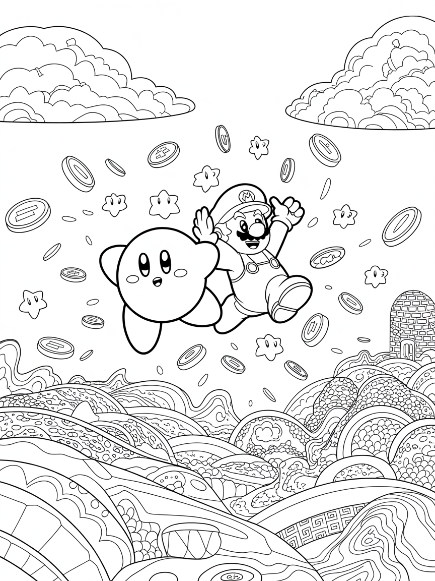 Kirby with Mario - Free Coloring Page