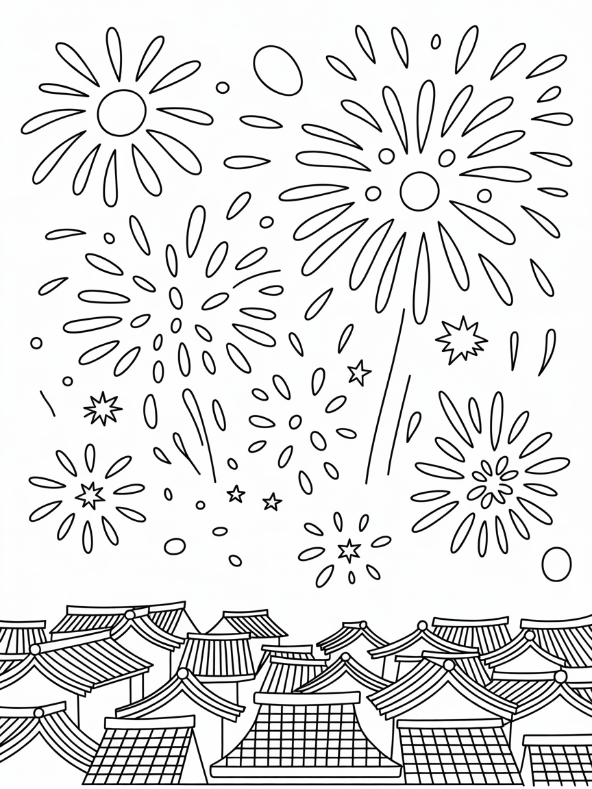 Fireworks in Japan - Free Coloring Page
