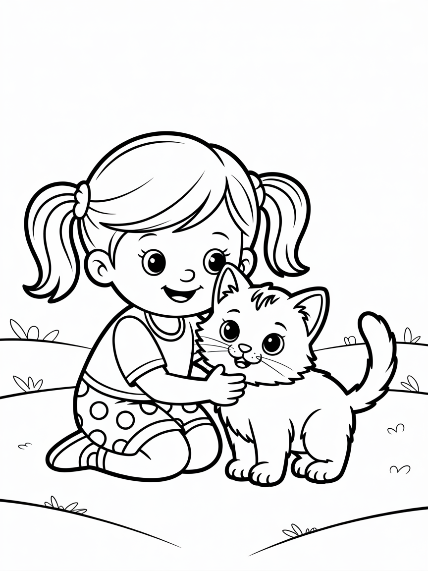 Cute kitten with little girl kneeling beside it - Free Coloring Page