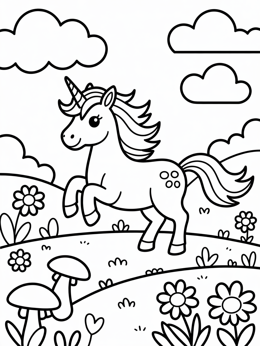 Magical unicorn meadow - Free Coloring Page