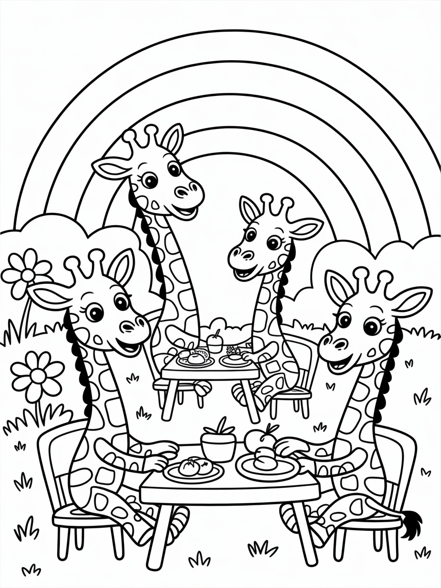 Giraffes having a rainbow picnic - Free Coloring Page