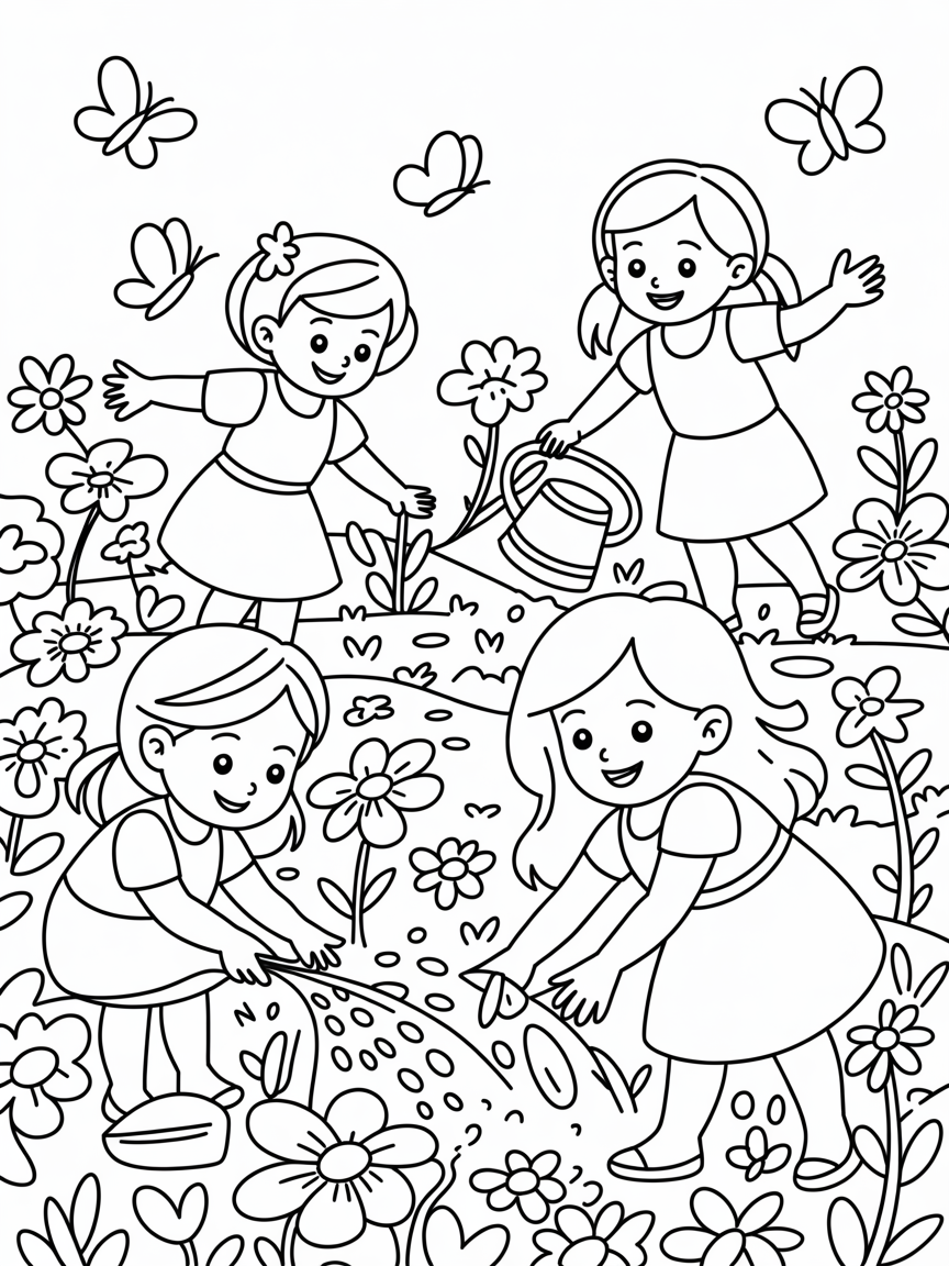 Little girls in the garden - Free Coloring Page