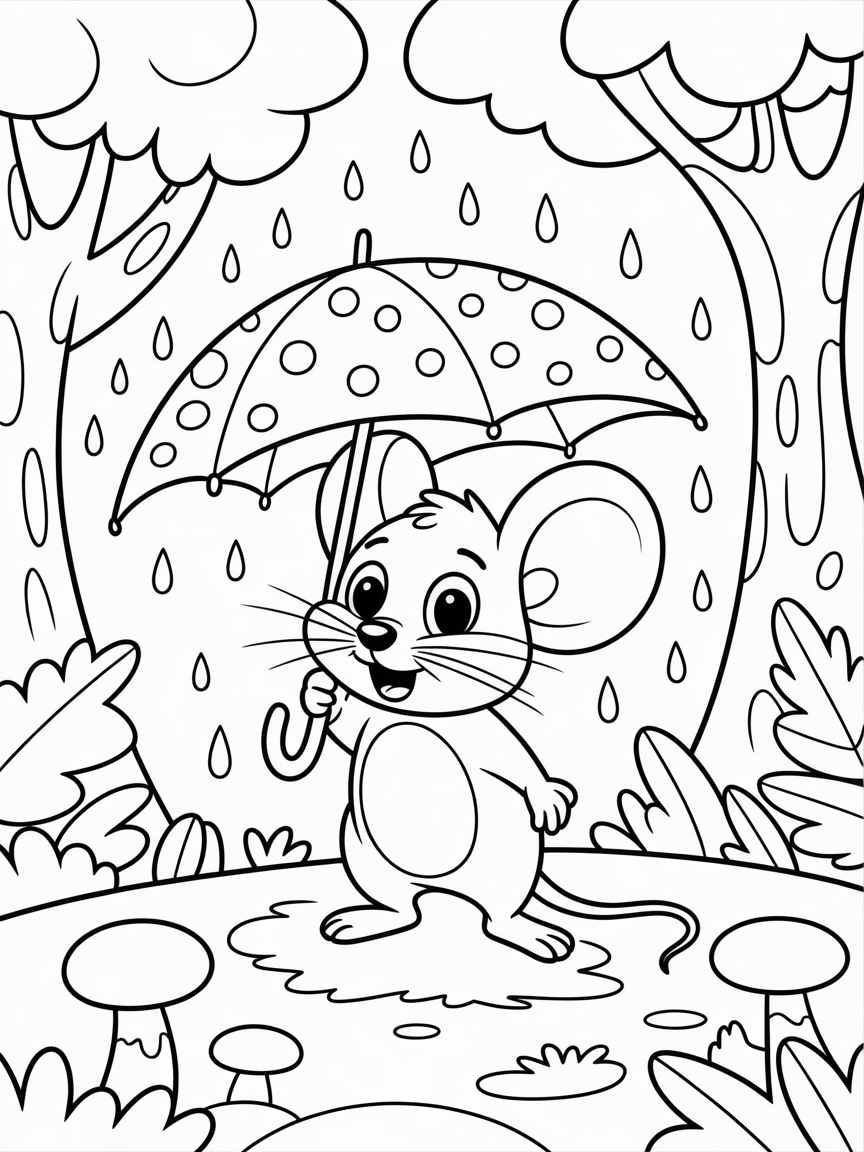Mouse holding an umbrella in an enchanted forest while it's raining - Free Coloring Page