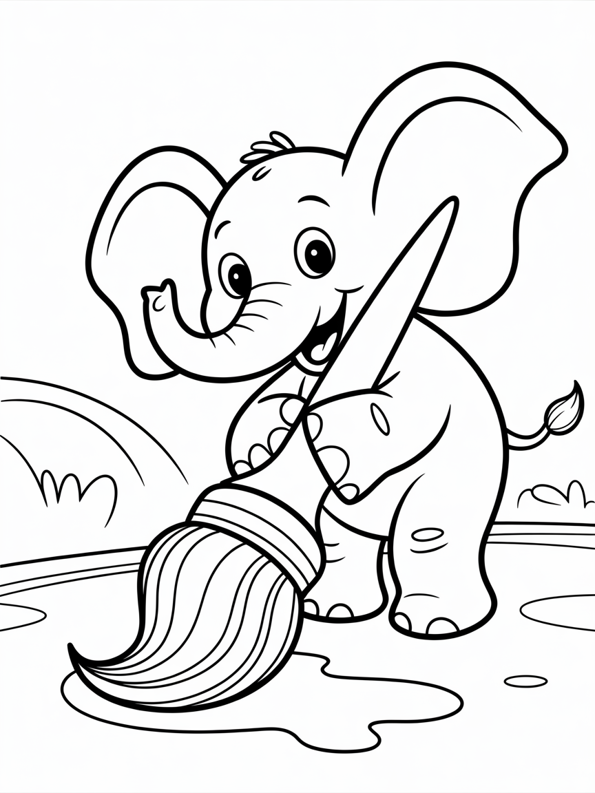 Elephant painting with rainbow brush - Free Coloring Page