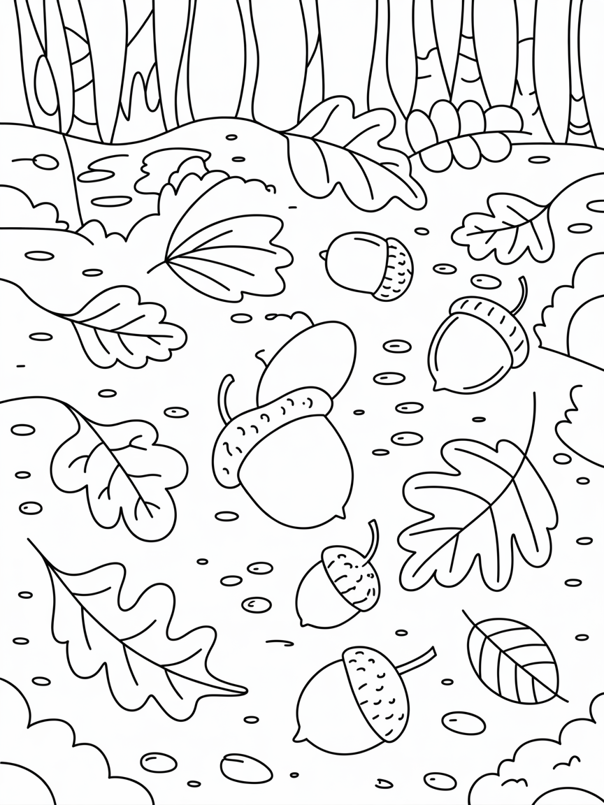 Acorns and leaves - Free Coloring Page