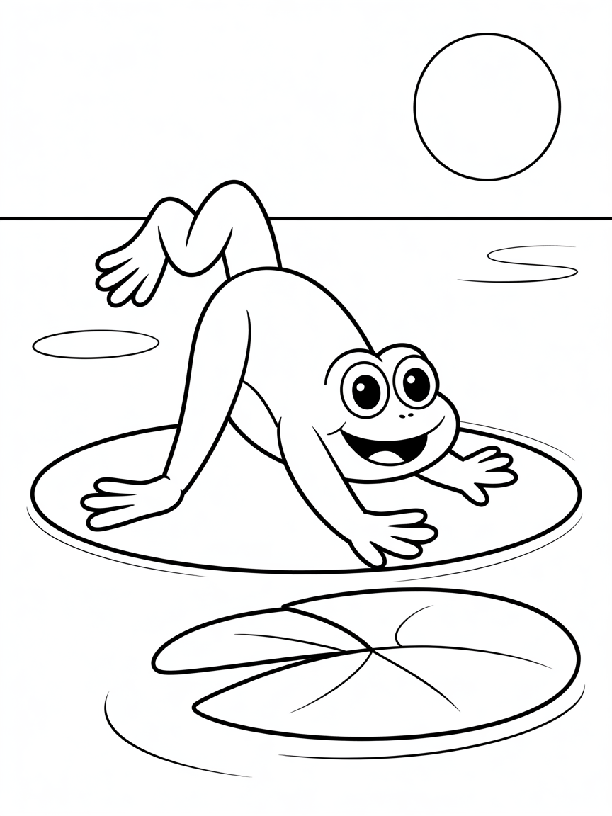 Frog doing yoga on a lilypad - Free Coloring Page