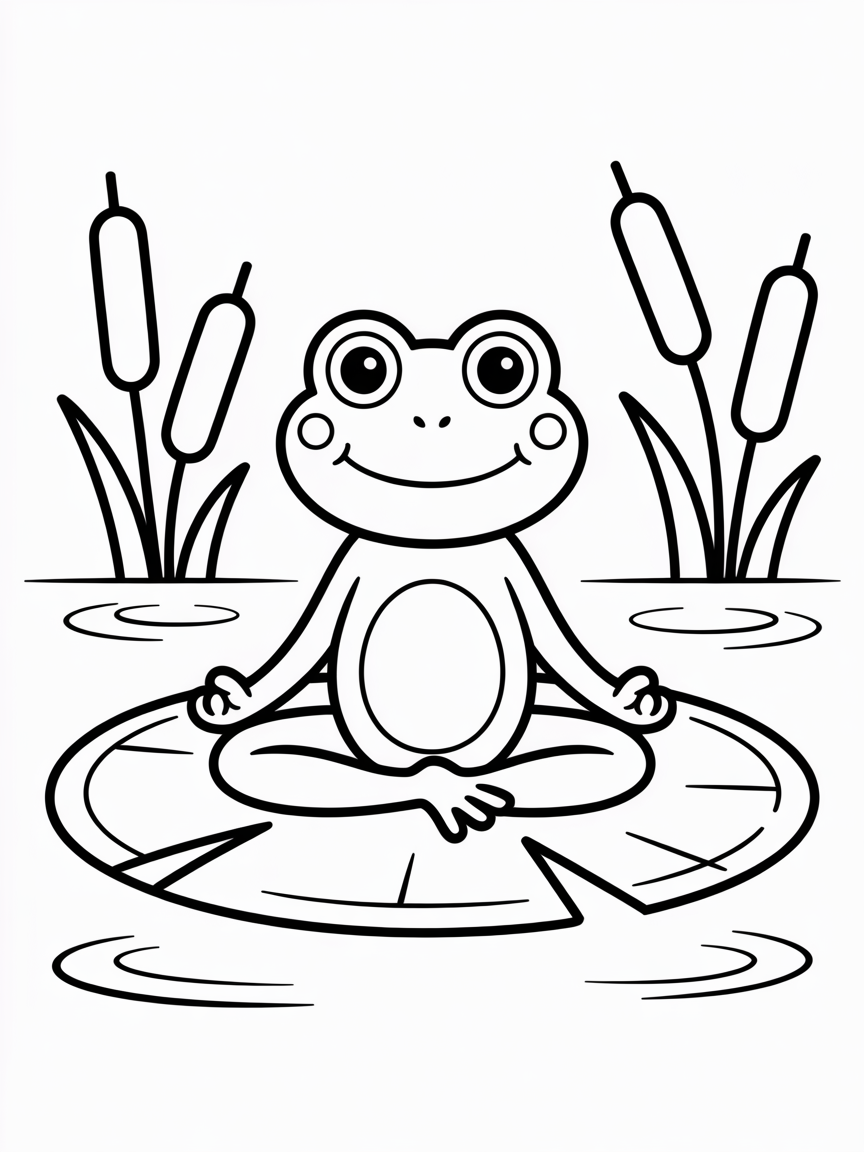 Frog doing yoga on a lily pad - Free Coloring Page