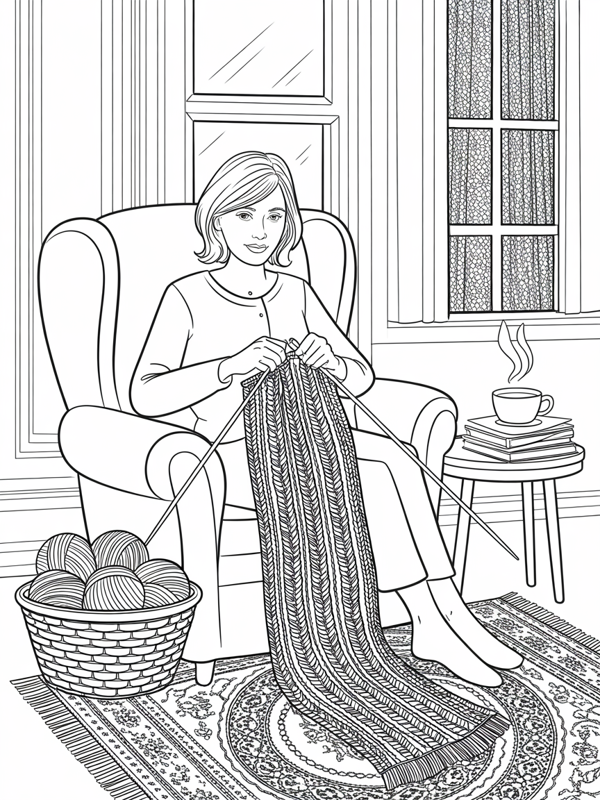 Woman knitting - Free Coloring Page
