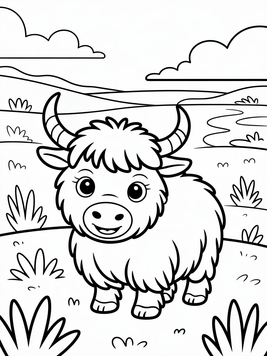 Baby yak in tibetan grassland - Free Coloring Page