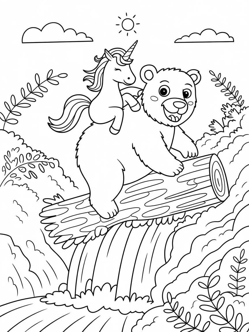 A unicorn riding a bear riding a log down a waterfall - Free Coloring Page