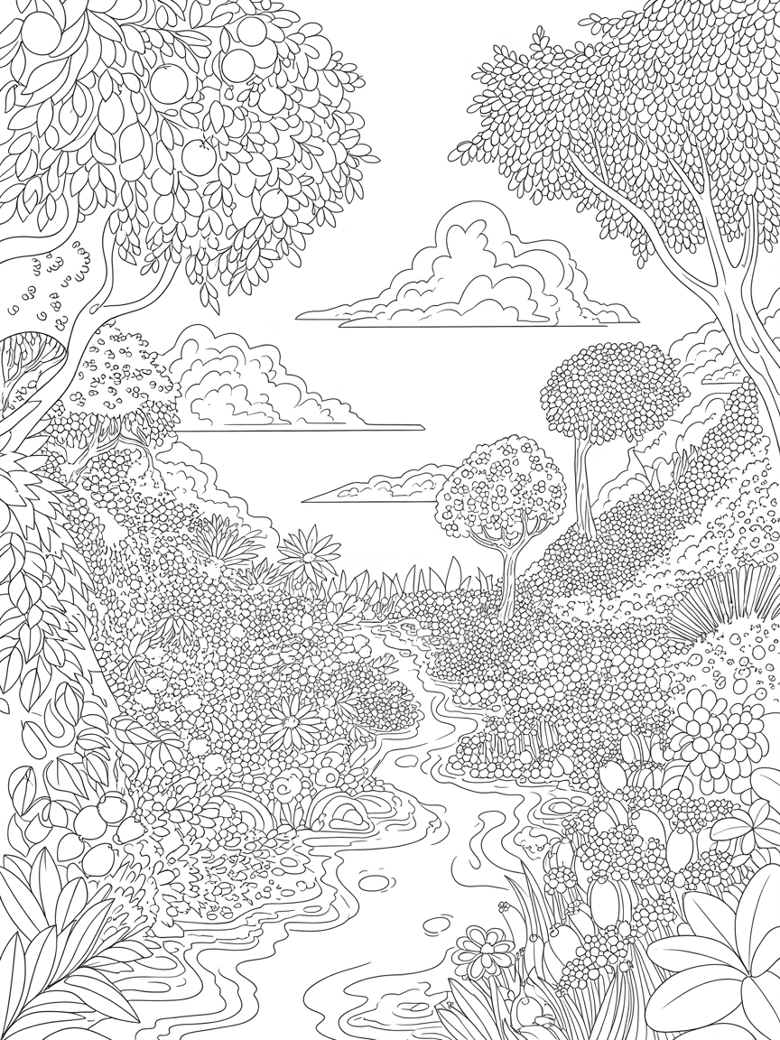 A paradisical garden with trees heavy with fruits a flowing river and fluffy clouds drifting around - Free Coloring Page