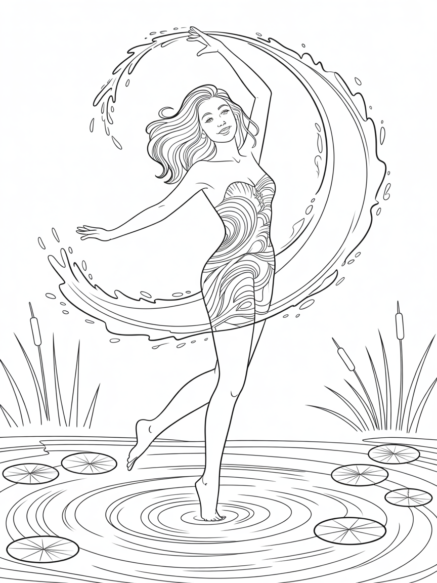 A dancing woman with water: A dynamic image of a woman dancing barefoot, splashing up water around her. Her hair flows freely, and water arcs around her, emphasizing motion and energy. The splash effects and posture capture a sense of freedom, fluidity, and power. - Free Coloring Page