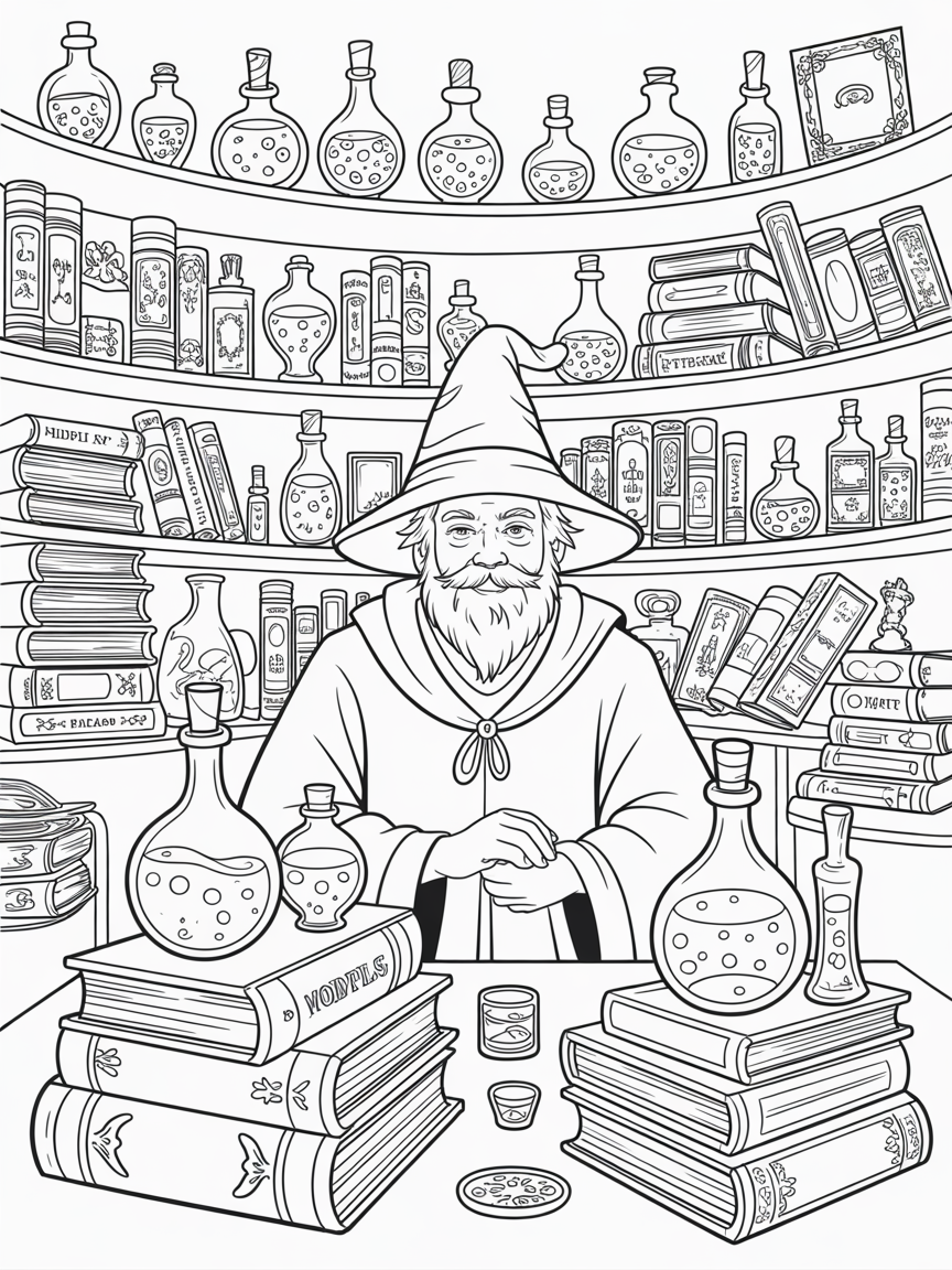 Magic shop potions and wizard - Free Coloring Page