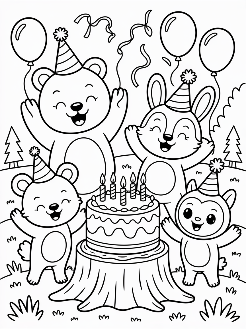 Cute animals celebrate birthday in the forest - Free Coloring Page
